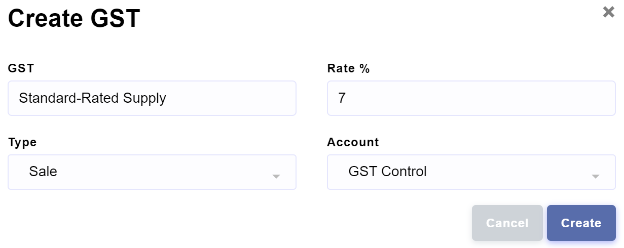 Setup > GST > Create GST